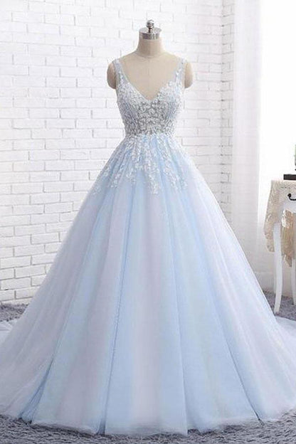 Sexy Ball Gown Tulle Sky Blue V-neck Appliques Brush Train Long Sleeveless Prom Dresses