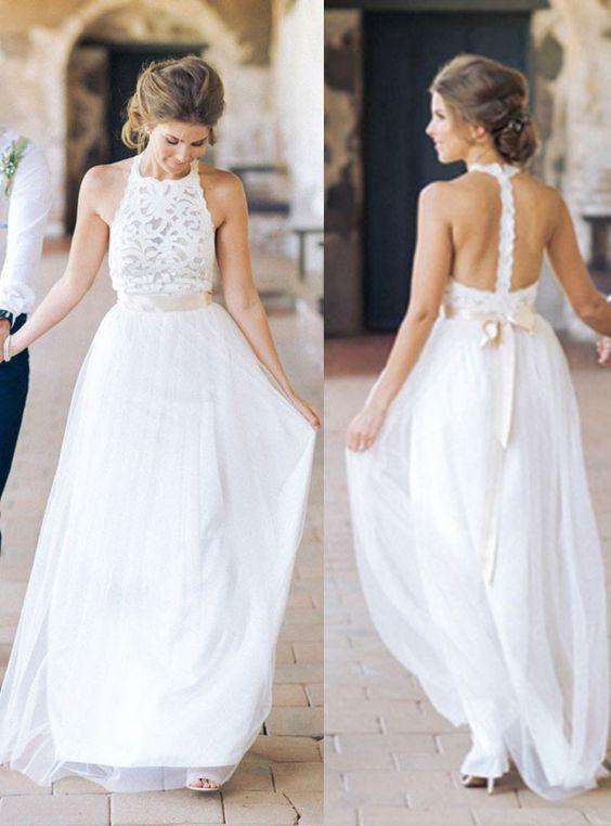 Simple Jewel Chiffon Lace Top Wedding Dress Lace Tulle Beach Wedding Dress with belt N28