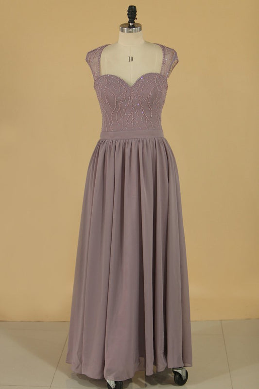 Straps A Line Bridesmaid Dresses Chiffon With Beads Floor Length Open Back