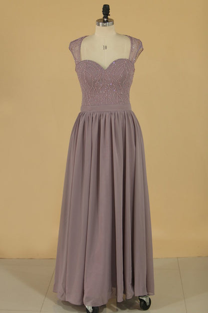 2024 Straps A Line Bridesmaid Dresses Chiffon With Beads Floor Length Open Back