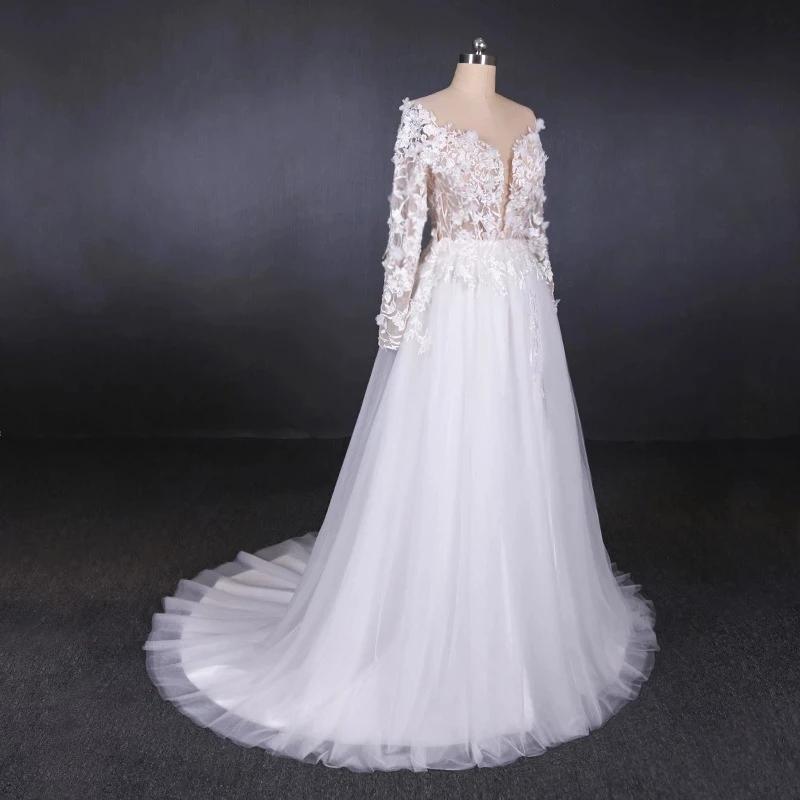 Long Sleeves White A-line Tulle Beach Wedding Dresses with Lace Appliques, Bridal Dress SJS15255