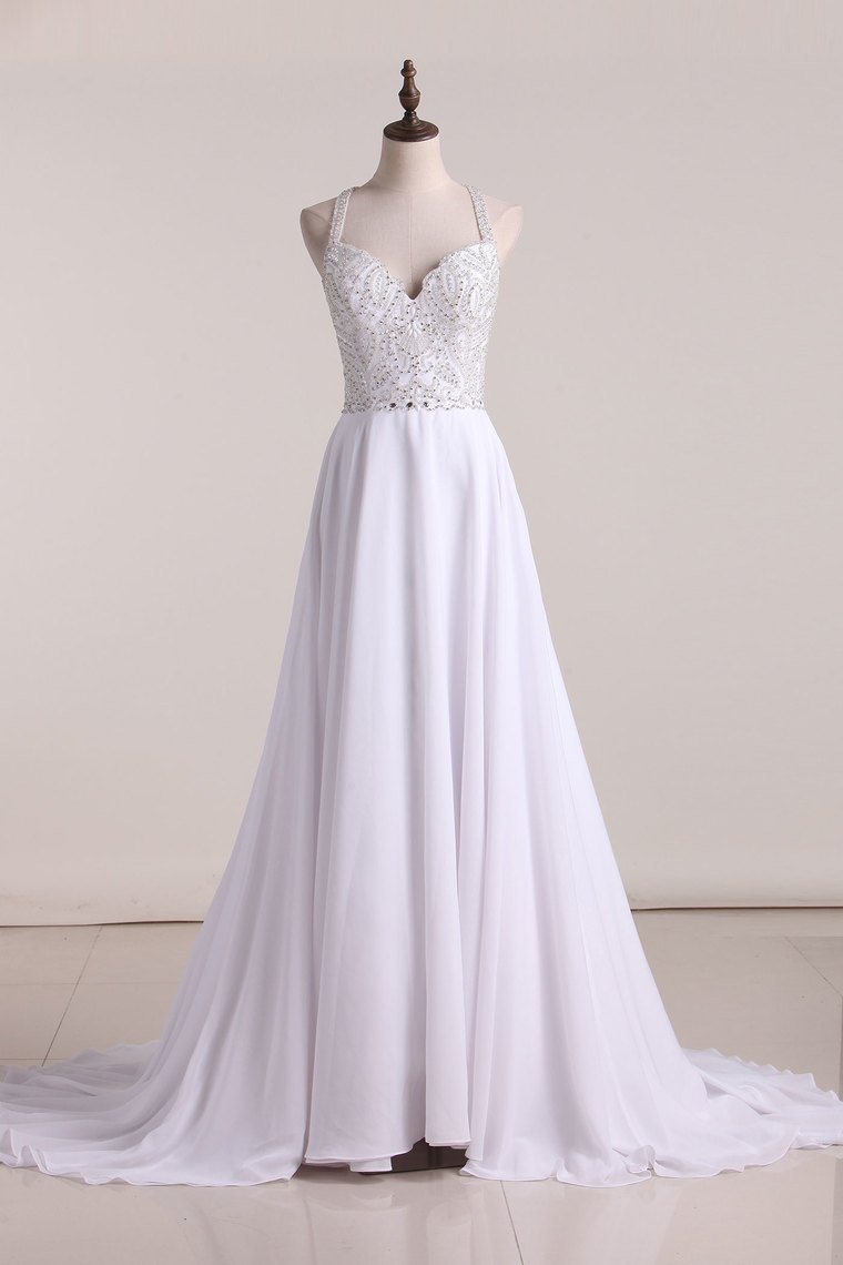 2024 New Arrival Spaghetti Straps A Line Wedding Dresses Chiffon With Beading