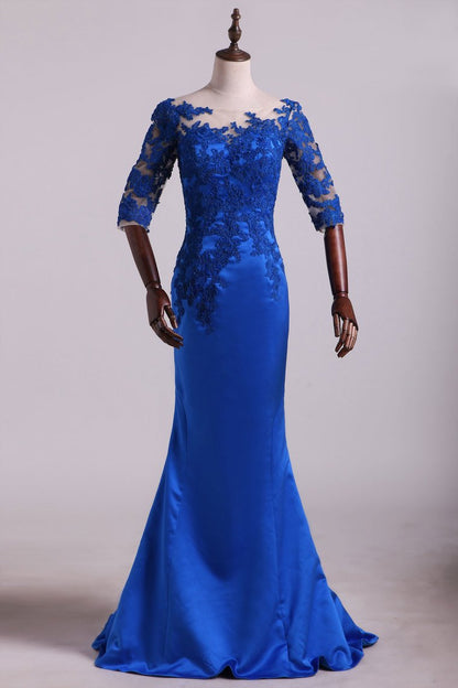 2024 Hot Bateau Dark Royal Blue Mother Of The Bride Dresses 3/4 Length Sleeve With Applique Satin