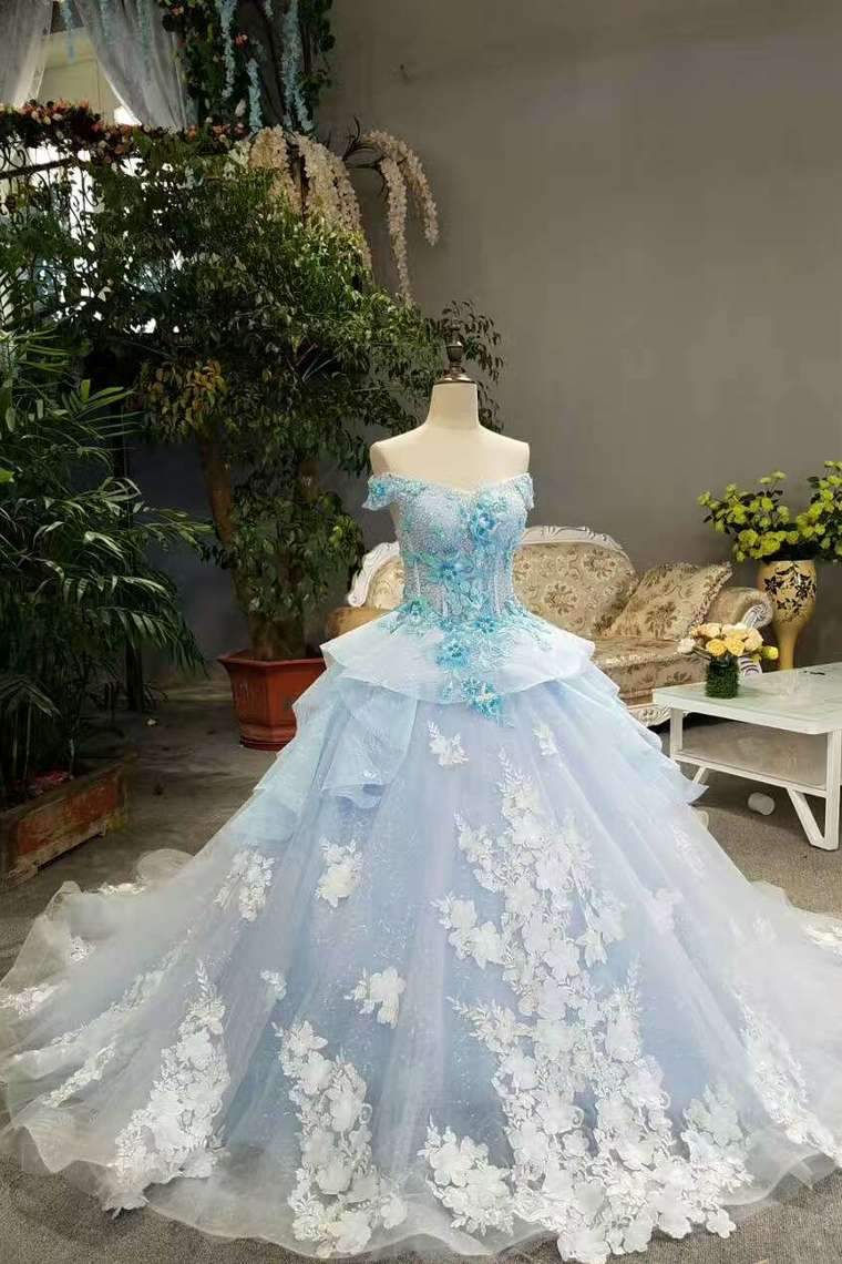 Sky Blue Floral Wedding Dress Shiny Tulle Lace Off The Shoulder Lace Up With Beads Handmade Flowers