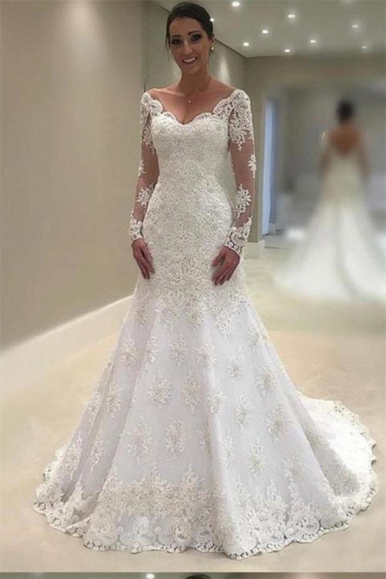 Charming Long Sleeves Memriad Ivory Lace Long Wedding Dresses Bridal Gowns