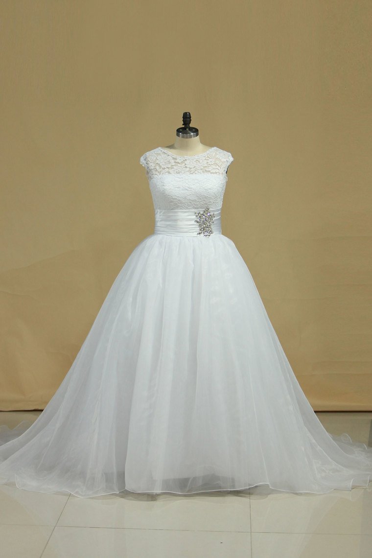 Bateau Wedding Dress Ball Gown Organza & Lace With Beading