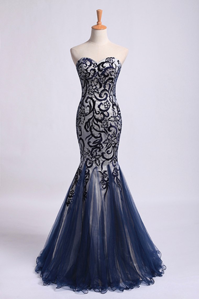 2024 New Style Prom Dresses Mermaid Sweetheart Floor Length Tulle With Embroidery