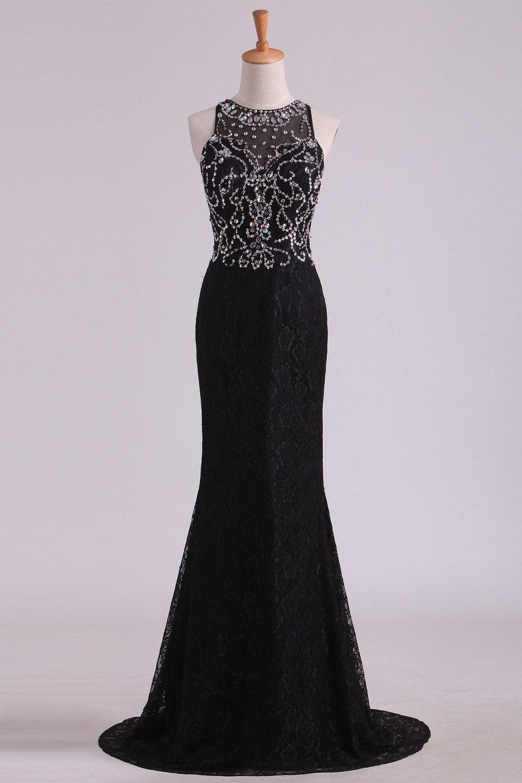 2024 New Arrival Scoop Prom Dresses Mermaid Beaded Bodice Sweep Train Lace