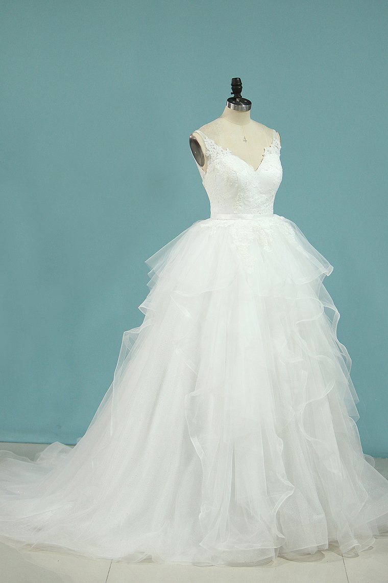 Tulle V Neck A Line With Applique Chapel Train Wedding Dresses