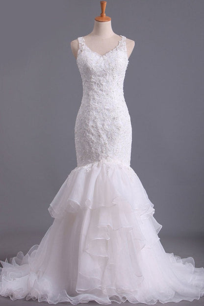 2024 V Neck Wedding Dresses Organza With Applique  & Ruffles Mermaid Court Train