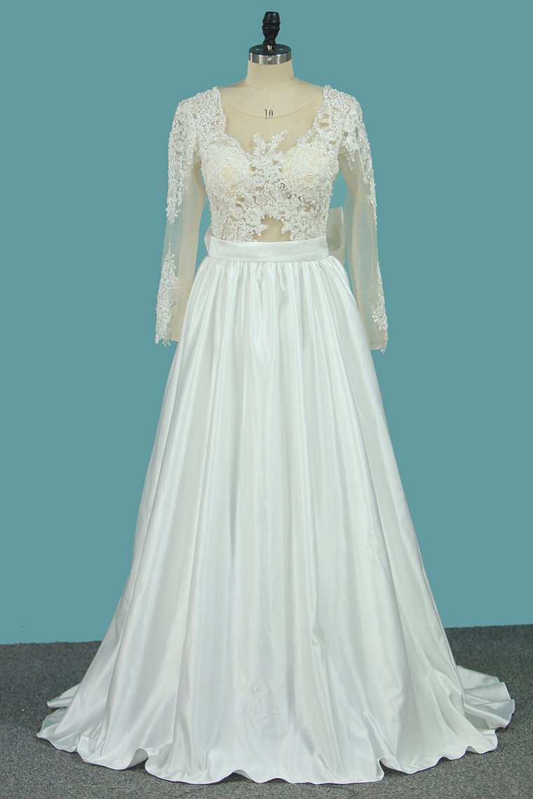 2024 Satin A Line Scoop Long Sleeves Wedding Dresses With Applique And Bow Knot