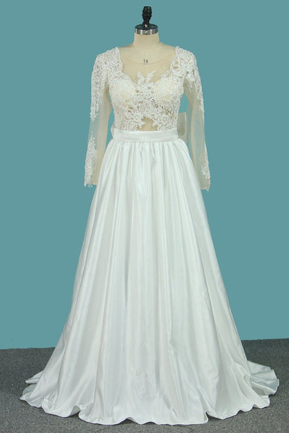 2024 Satin A Line Scoop Long Sleeves Wedding Dresses With Applique And Bow Knot