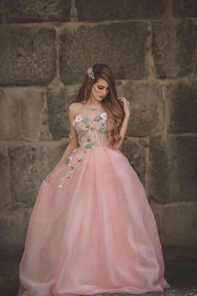 Princess Ball Gown Sweetheart Pink One Shoulder Prom Dresses, Quinceanera Dresses SRS15296