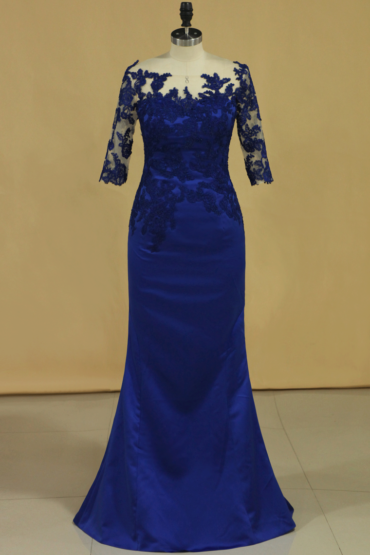 2024 Bateau Dark Royal Blue Mother Of The Bride Dresses 3/4 Length Sleeve With Applique Satin Dark Royal Blue