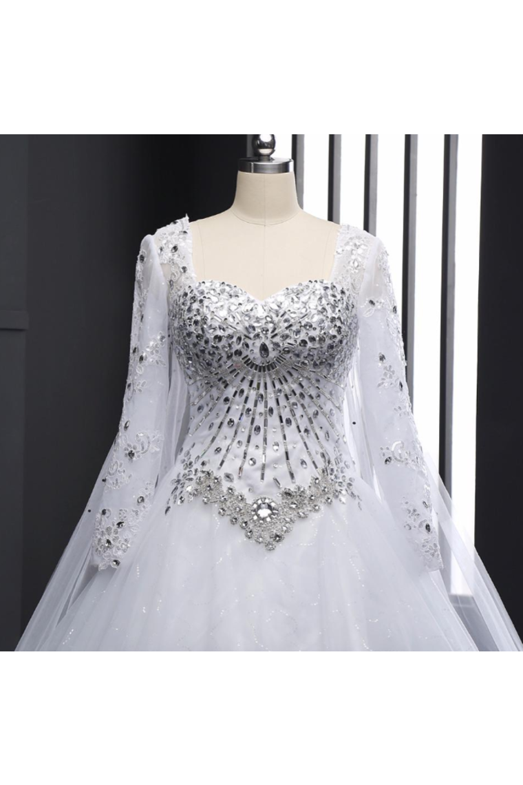 Sweetheart Wedding Dresses A Line With Beading Rhinestones Tulle Long Sleeves Chapel Train