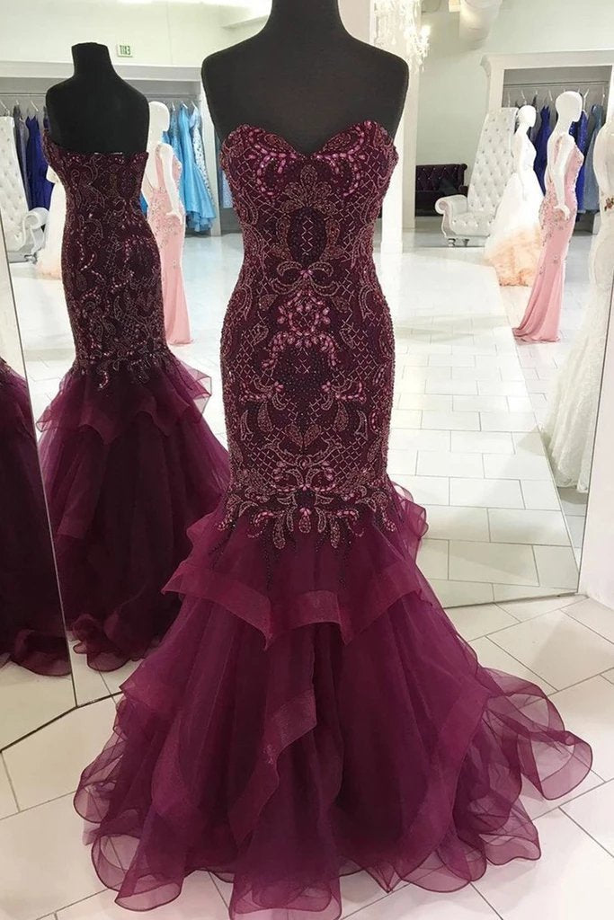 Strapless Sweetheart Long Tulle Mermaid Beads Prom Dresses, Maroon Formal Dresses SRS15433