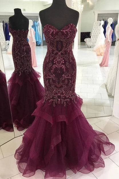 Strapless Sweetheart Long Tulle Mermaid Beads Prom Dresses, Maroon Formal Dresses SRS15433