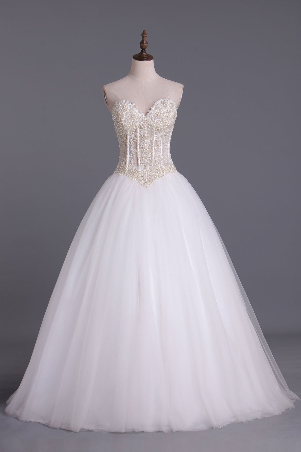 Wedding Dresses A-Line Sweetheart See Through Tulle With Pearls Lace Up Floor Length