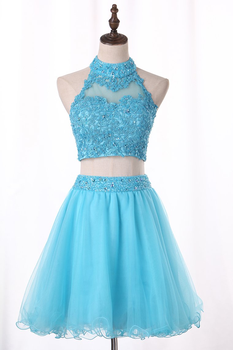 Two Pieces Homecoming Dresses A Line Tulle With Beading And Appliques