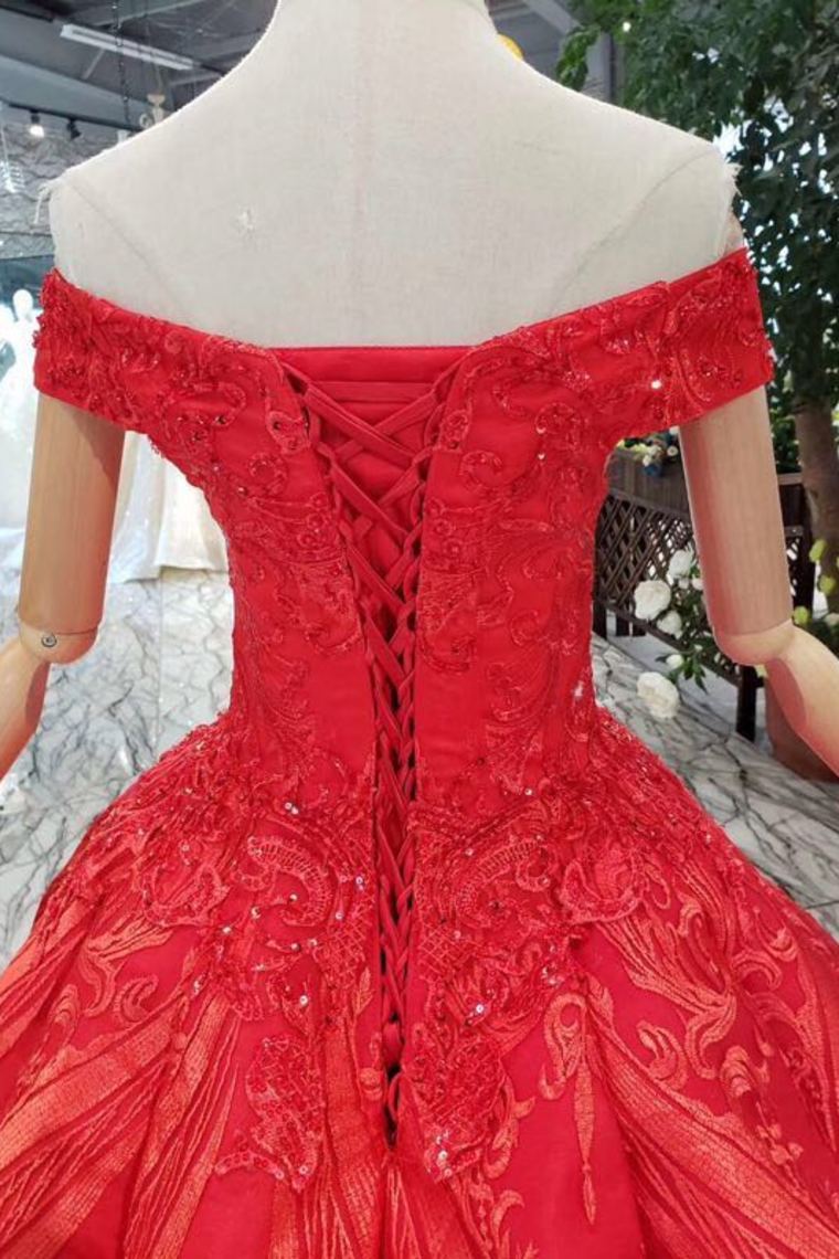 Red Off The Shoulder Lace Appliques Beads with Lace up Prom Dress Quinceanera Dresses JS788