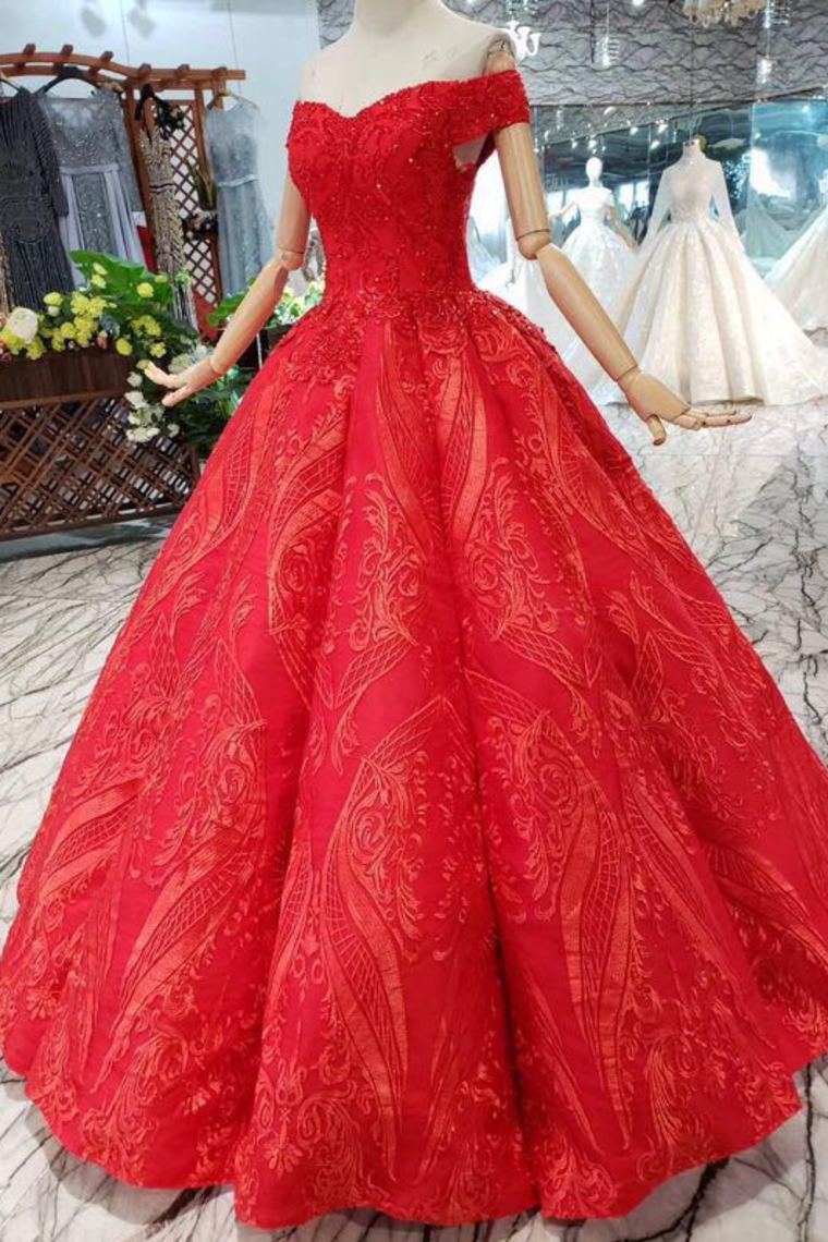 Red Off The Shoulder Lace Appliques Beads with Lace up Prom Dress Quinceanera Dresses JS788