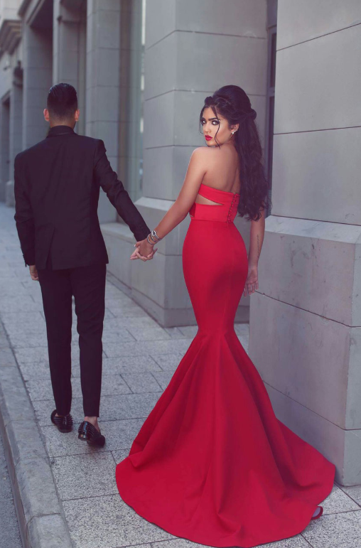 Gorgeous Strapless Sweetheart Sleeveless Open Back Mermaid Red Long Prom Dresses