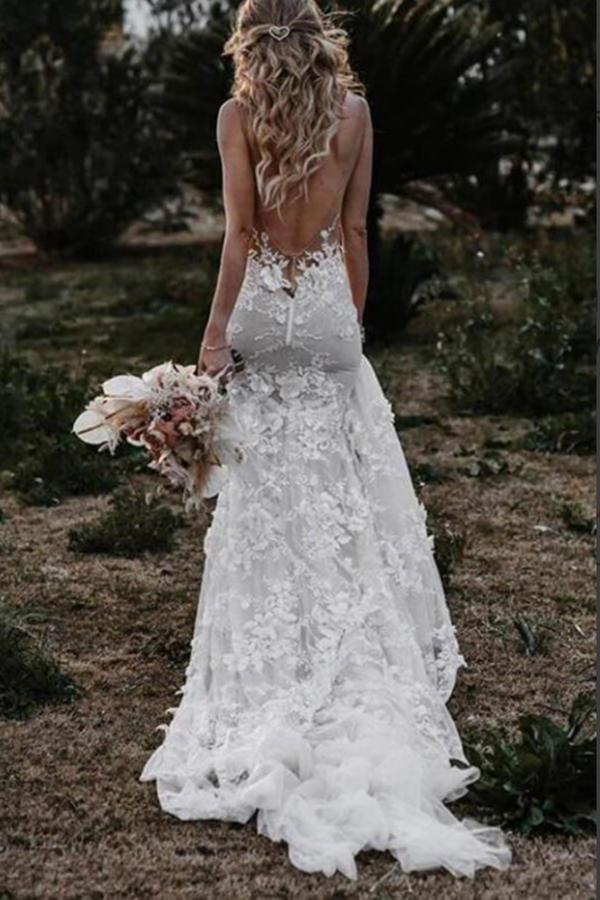 Tulle Lace Mermaid Backless Deep V Neck Wedding Dresses, Bridal Gown