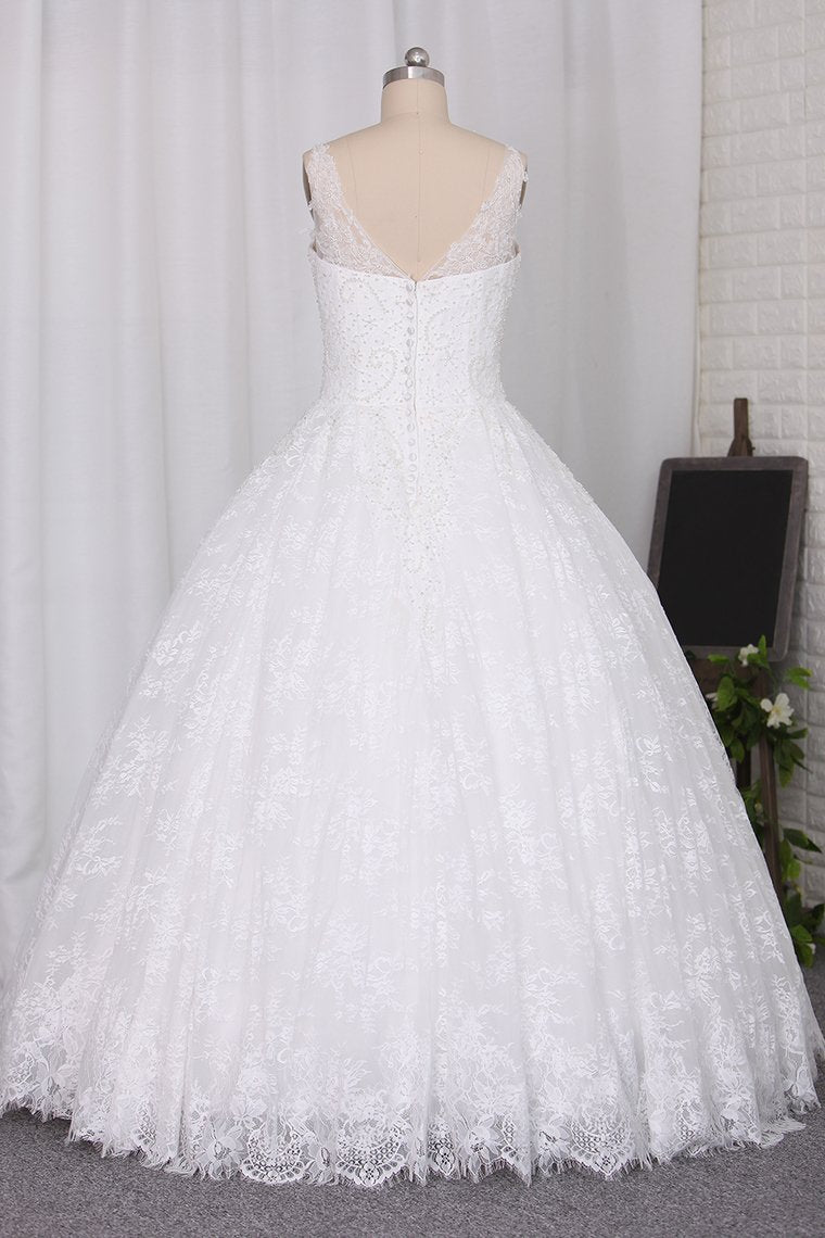 New Wedding Dress Ball Gown Spaghetti Straps Floor-Length Lace Zipper Back