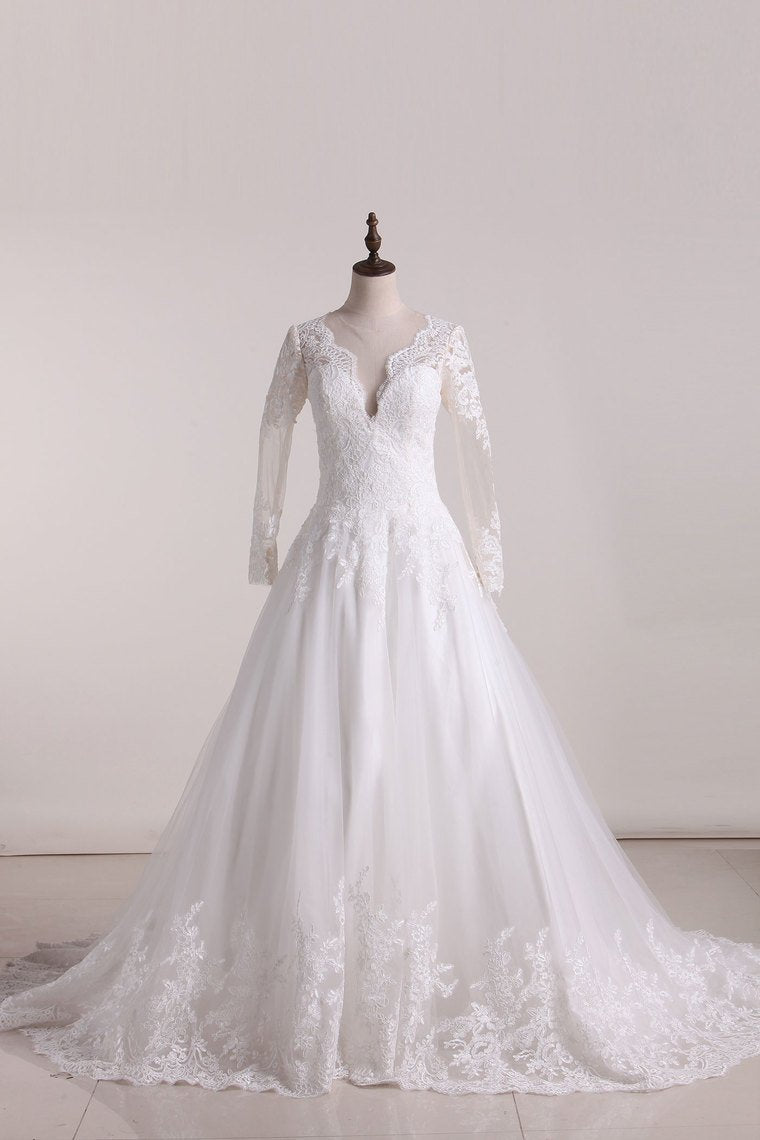 2024 A Line Scoop Long Sleeves Wedding Dresses Tulle With Applique