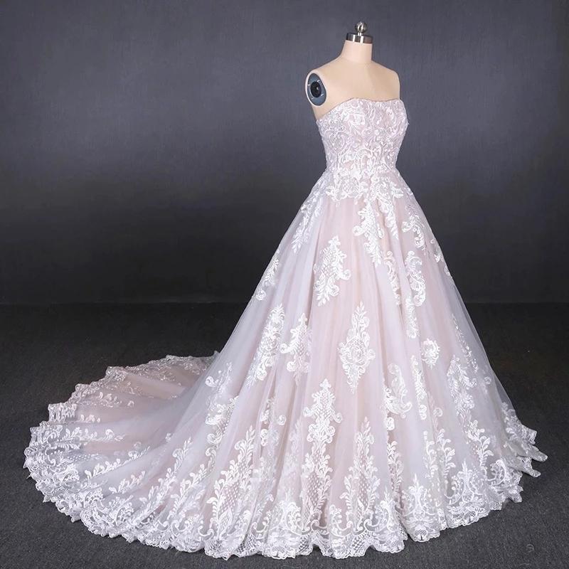 Ball Gown Strapless Wedding Dresses with Lace Applique, Lace Up Bridal Dress SRS15071