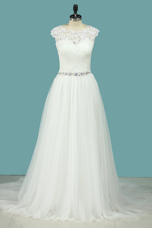 2024 Wedding Dresses Scoop Tulle With Applique And Ruffles Sweep Train