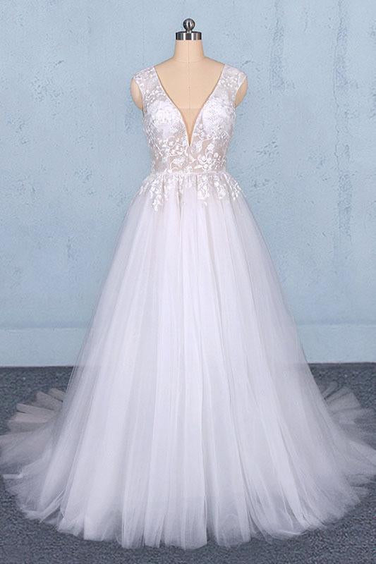 A Line Straps V Neck Lace Appliques Tulle Wedding Dresses Long Wedding Gowns SRS15034