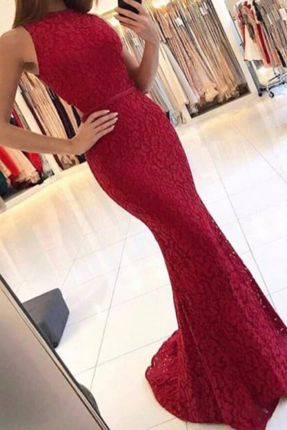 Charming New Arrival Mermaid Round Neck Dark Red Lace Prom Dresses