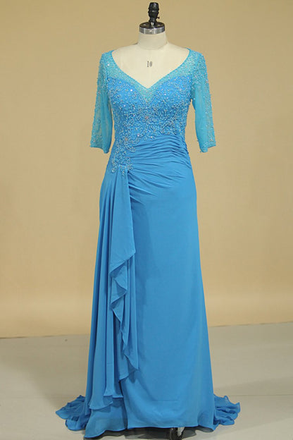 2024 Mid-Length Sleeves Chiffon Mother Of The Bride Dresses With Beads Royal Blue