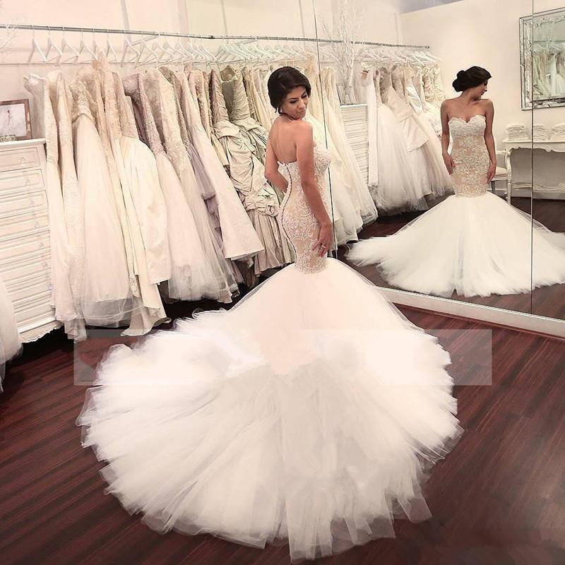 Stunning Mermaid Strapless Sweetheart Tulle Wedding Dresses with Appliques, Wedding Gowns SJS15439