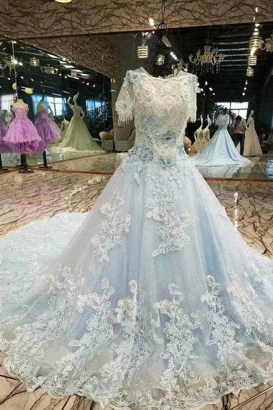 Floral Wedding Dresses Lace Up Back Handmade Flowers Luxury