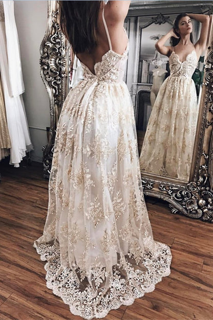 Pretty Champagne Lace Open Back V-Neck Prom Dresses Wedding Dresses