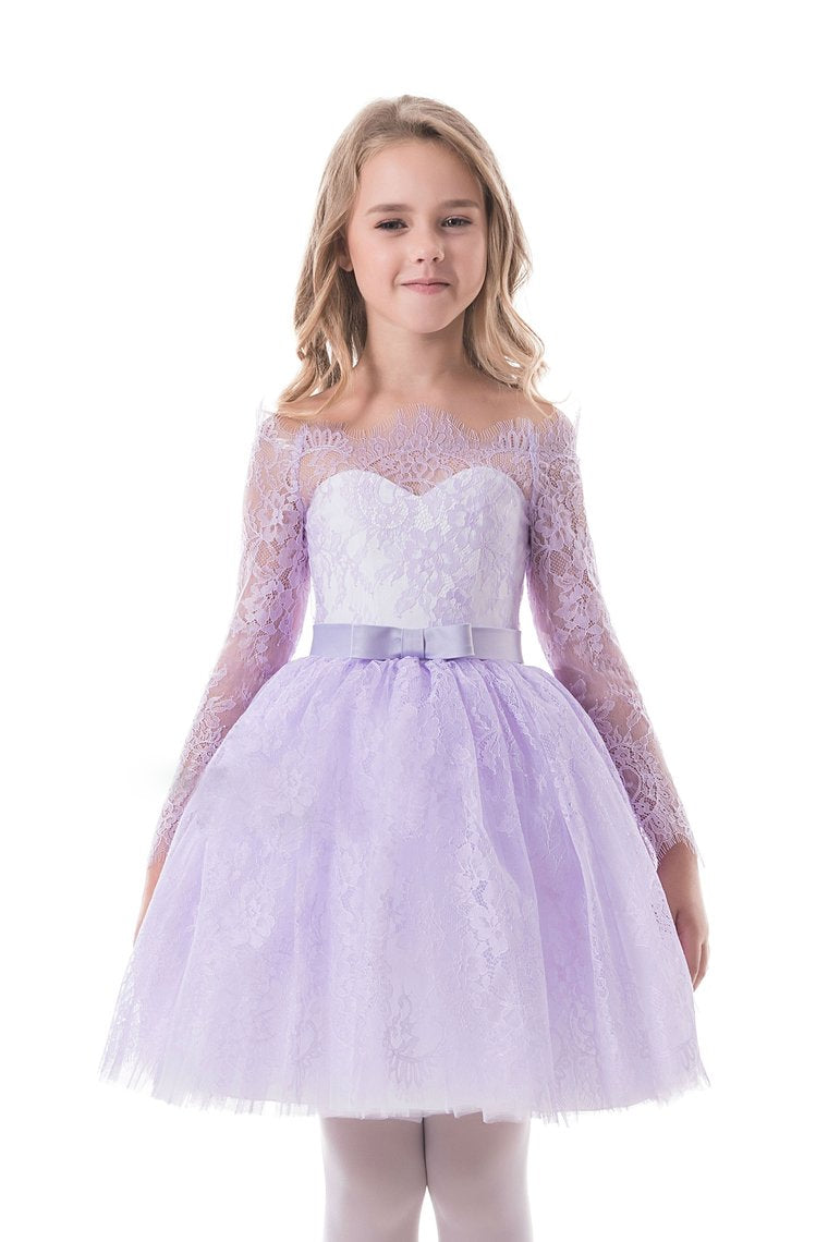 Flower Girl Dresses A Line Boat Neck Long Sleeves Lace Short/Mini