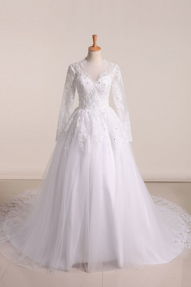 2024 Long Sleeves Scoop Wedding Dresses A Line With Applique And Beads Tulle