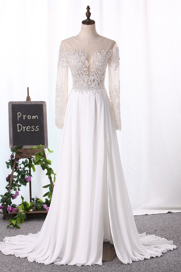 2024 Bateau Wedding Dresses Long Sleeves A Line Chiffon With Applique And Slit