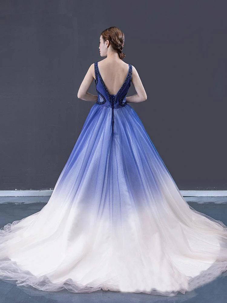 Ball Gown Ombre V Neck Tulle Royal Blue Long Prom Dresses, Quinceanera Dresses SJS15067