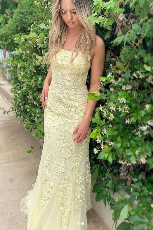 Charming Mermaid Yellow Spaghetti Straps Lace Appliques Prom Dresses with Criss Cross SRS15113