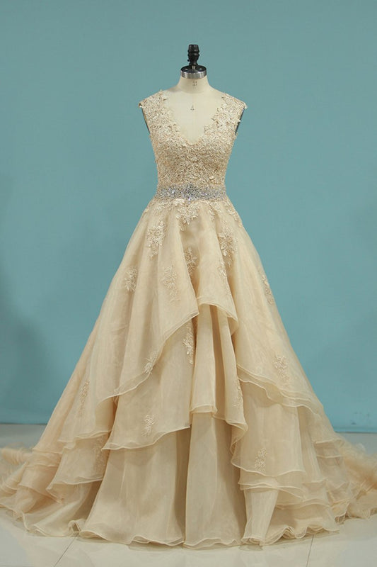 V Neck Wedding Dresses A Line Organza With Applique And Beads