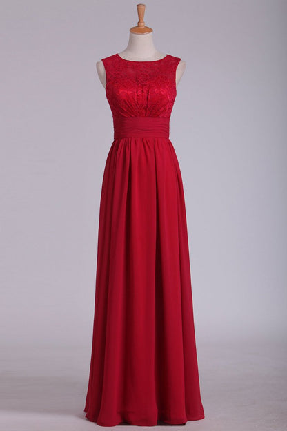 2024 Scoop Open Back Chiffon & Lace A Line Burgundy Bridesmaid Dresses