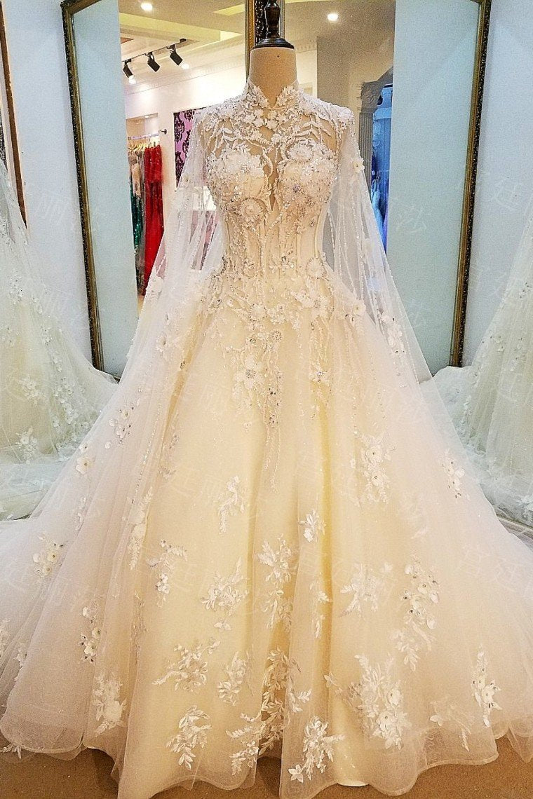 High Neck Wedding Dresses A Line With Beading Appliques Court Train Tulle Lace Up