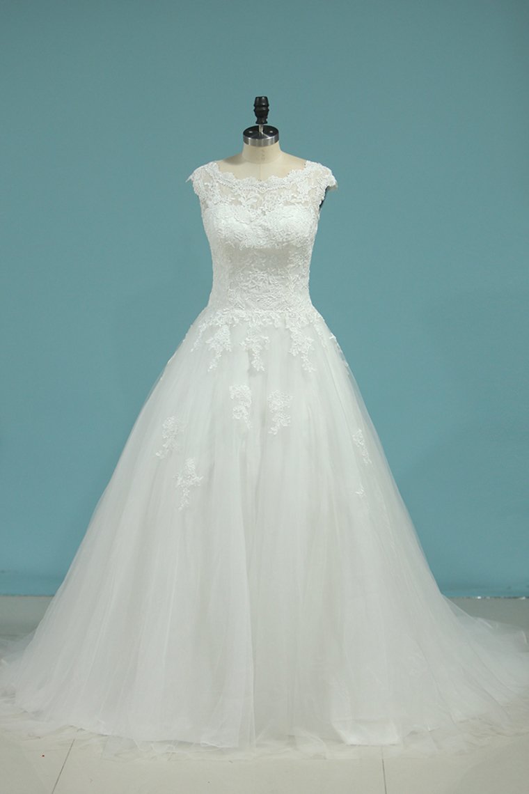 Tulle Bateau Wedding Dresses Open Back With Applique Chapel Train