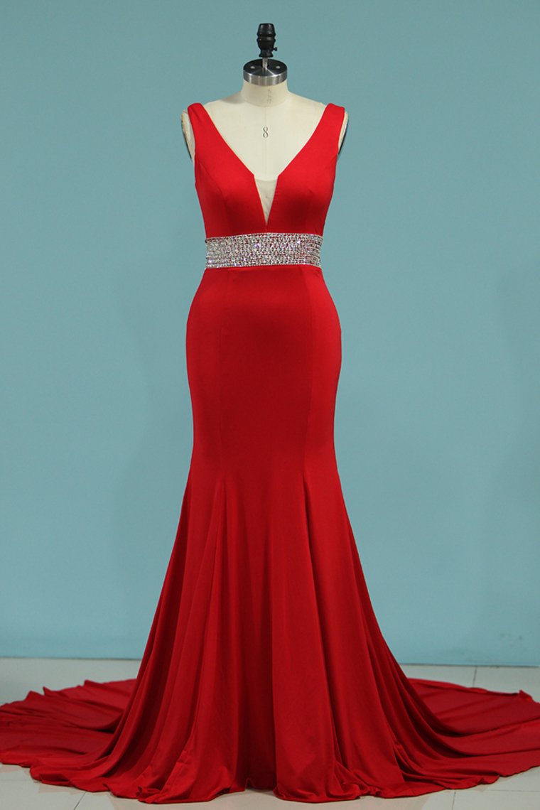 2024 New Arrival Prom Dresses Mermaid V Neck Spandex Open Back