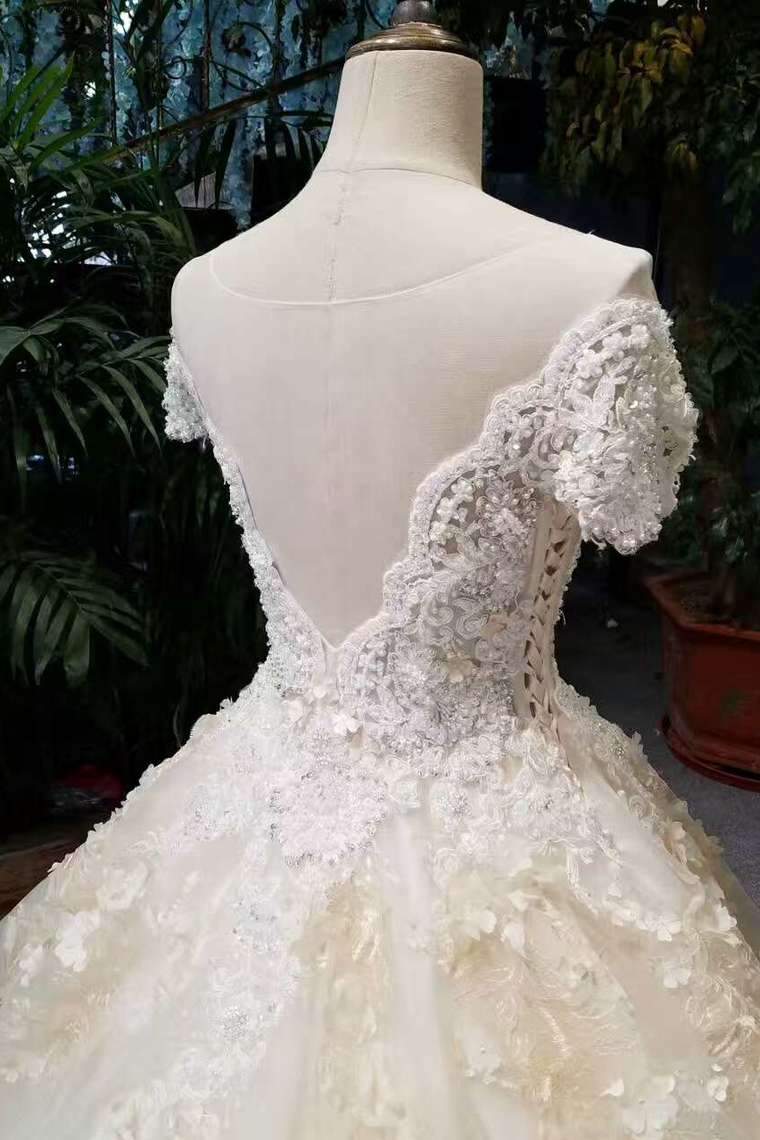 Luxurious Wedding Dresses Tulle Lace Up With Beads Sequins Appliques Short Sleeves