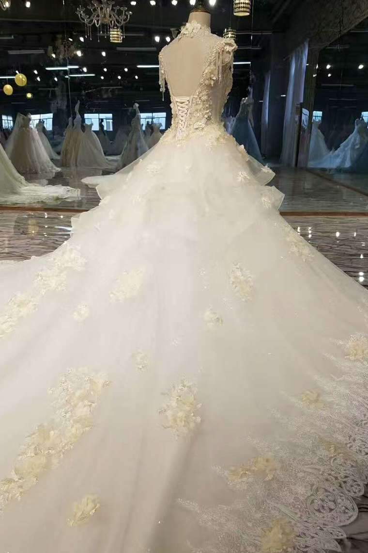 Marvelous Floral High Neck Wedding Dresses Lace Up Back Handmade Flowers Royal Train