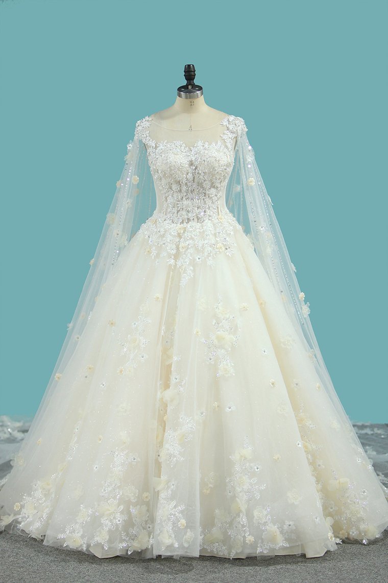 Tulle A Line Scoop Wedding Dresses With Beading Chapel Train Lace Up